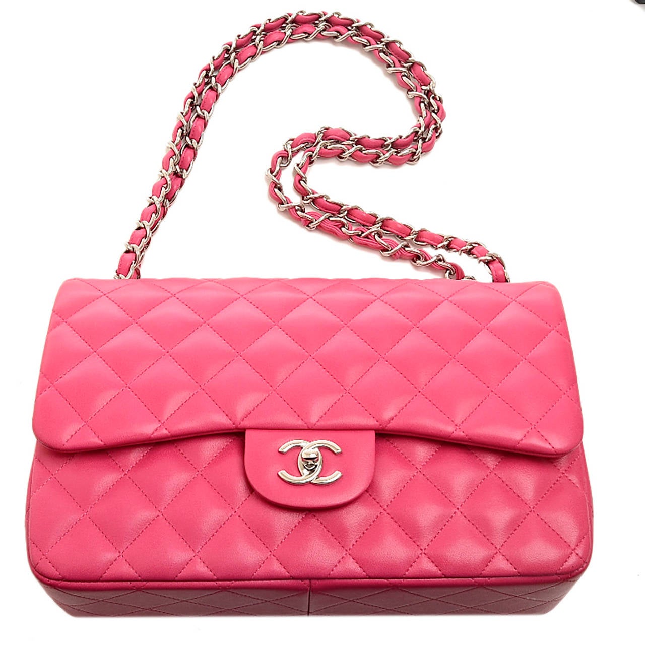 Chanel Fuchsia Pink Quilted Lambskin Jumbo Classic Double Flap Bag 4