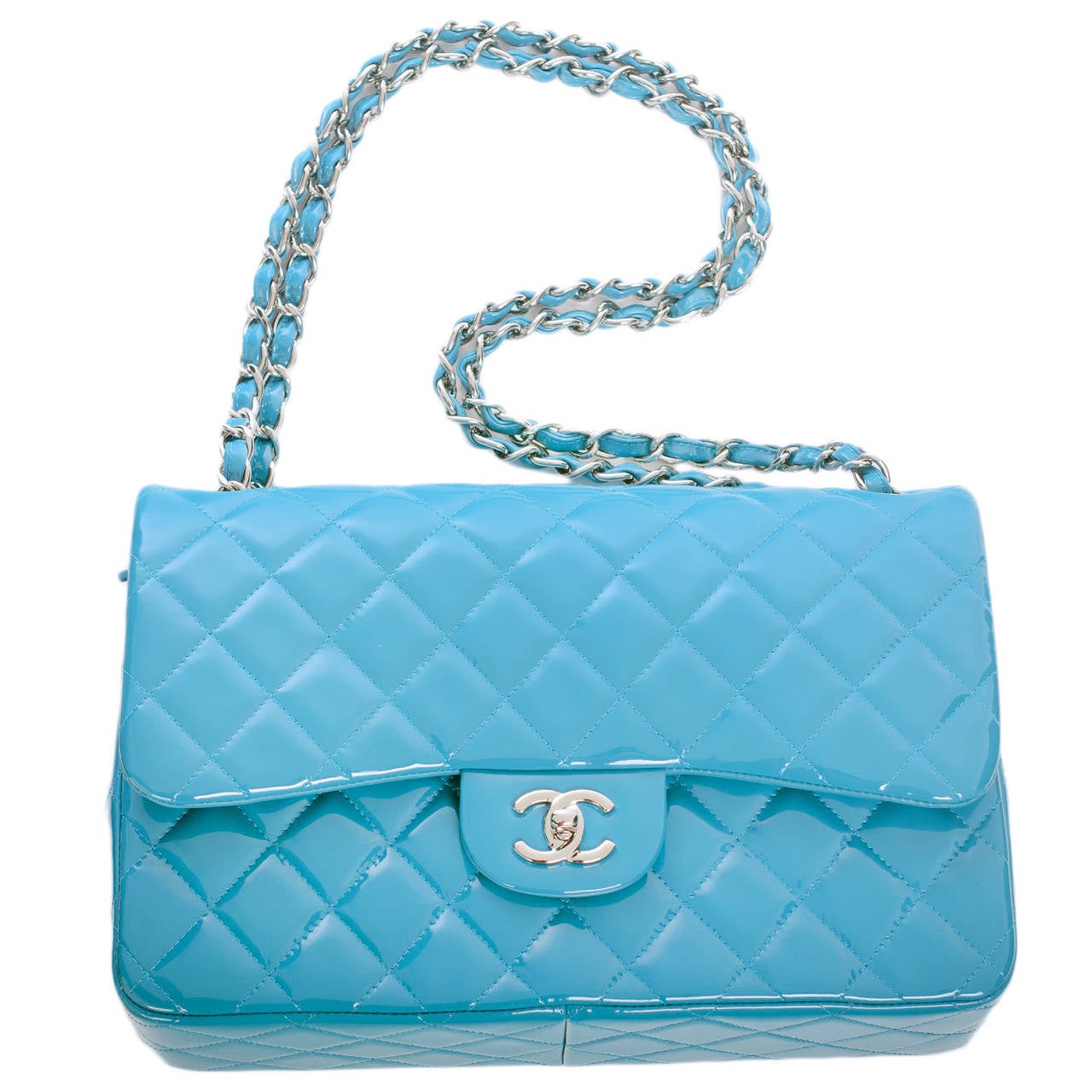 Chanel Turquoise Quilted Patent Jumbo Classic 2.55 Double Flap Bag In New Condition In New York, NY