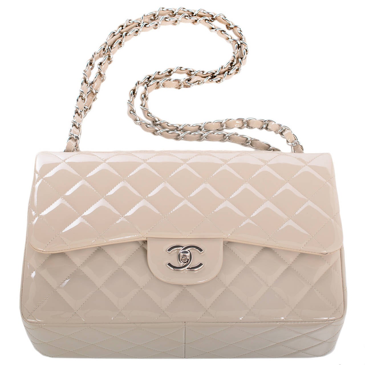Chanel Light Beige Quilted Patent Jumbo Classic Double Flap Bag 1