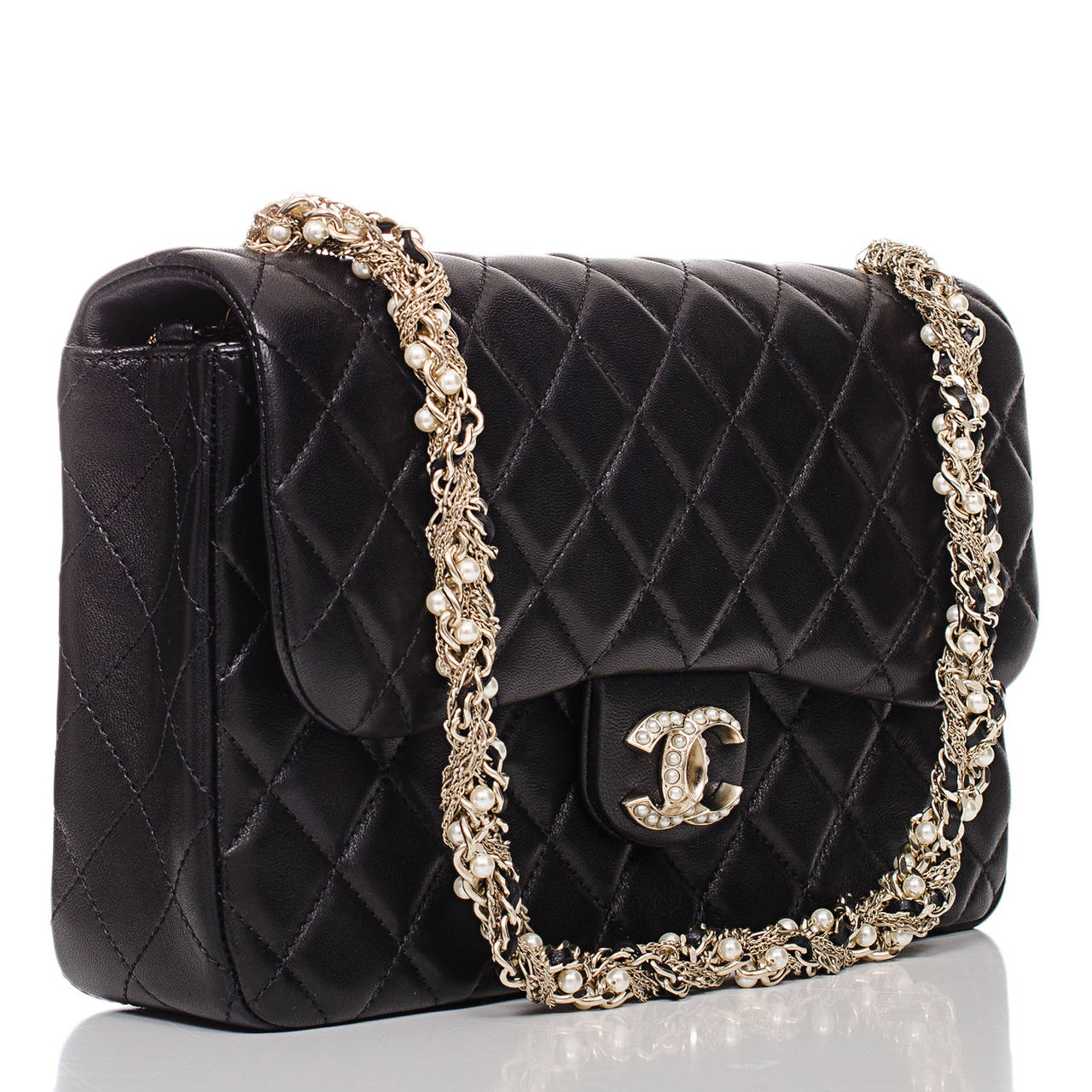 Chanel Black Lambskin Westminster Pearls Classic Flap Bag GHW