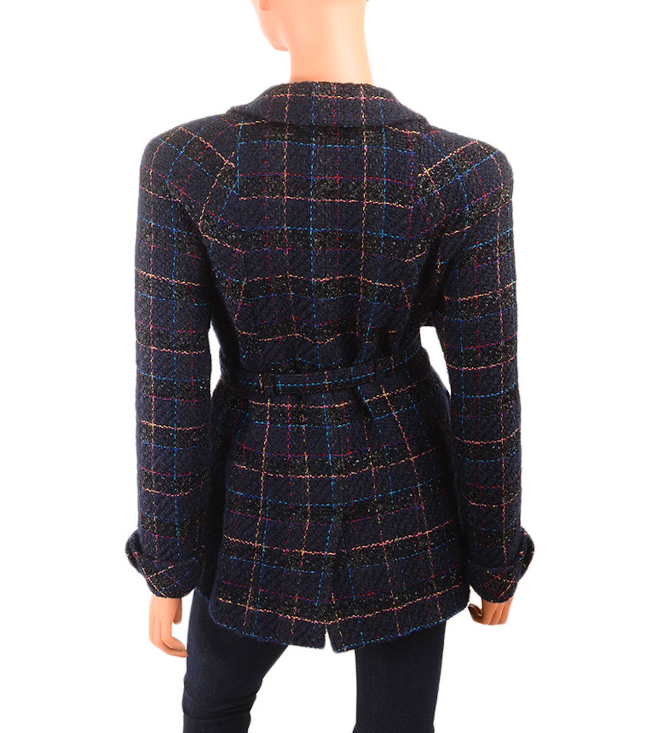 Women's Chanel 07A Navy Black Multicolor Belted Plaid Boucle Jacket 42 10 For Sale