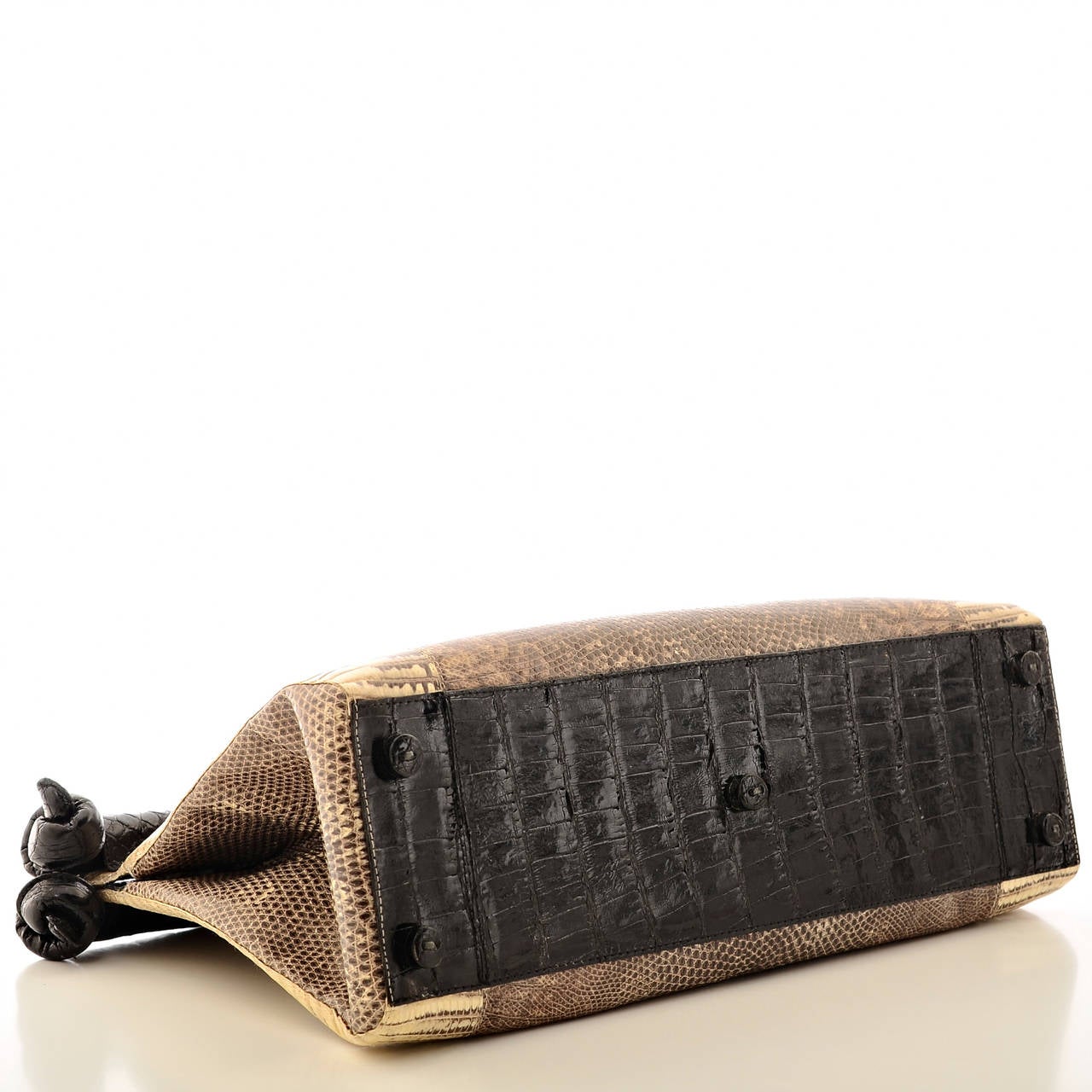 Nancy Gonzalez natural small-scaled python top handle clutch bag with black caiman crocodile handles and bottom, five feet, and  expandable sides.  Lime suede lining with center zipper compartment and zip pocket and cell phone pocket on one wall.
