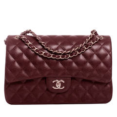 Chanel Burgundy Quilted Caviar Jumbo Classic Double Flap Bag