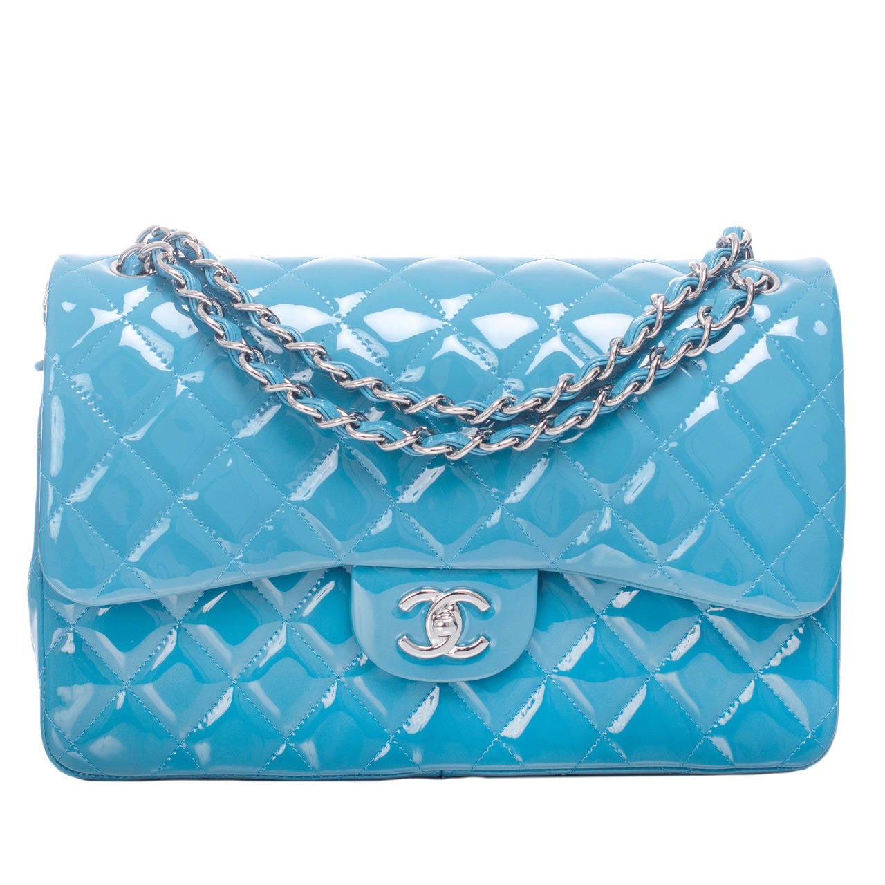 Chanel Turquoise Quilted Patent Jumbo Classic 2.55 Double Flap Bag