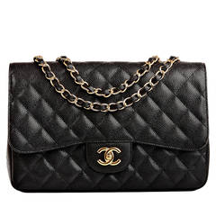Chanel Black Quilted Caviar Jumbo Classic Flap Bag Gold Hardware
