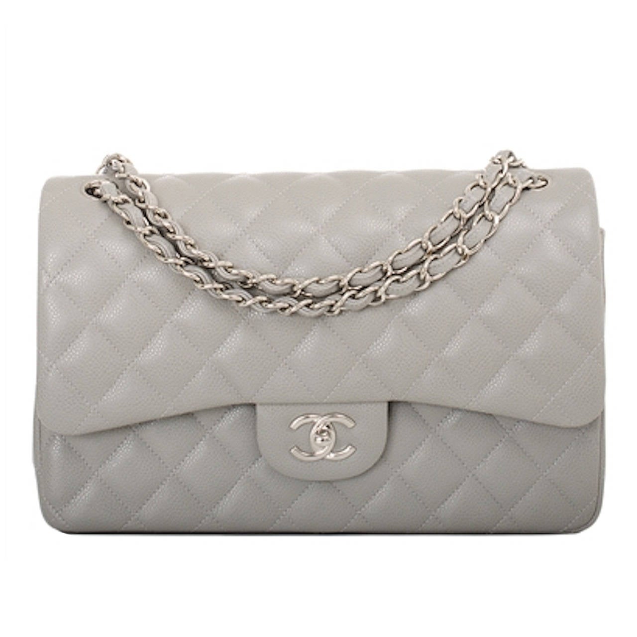 Chanel Light Grey Quilted Caviar Jumbo Classic Double Flap Bag
