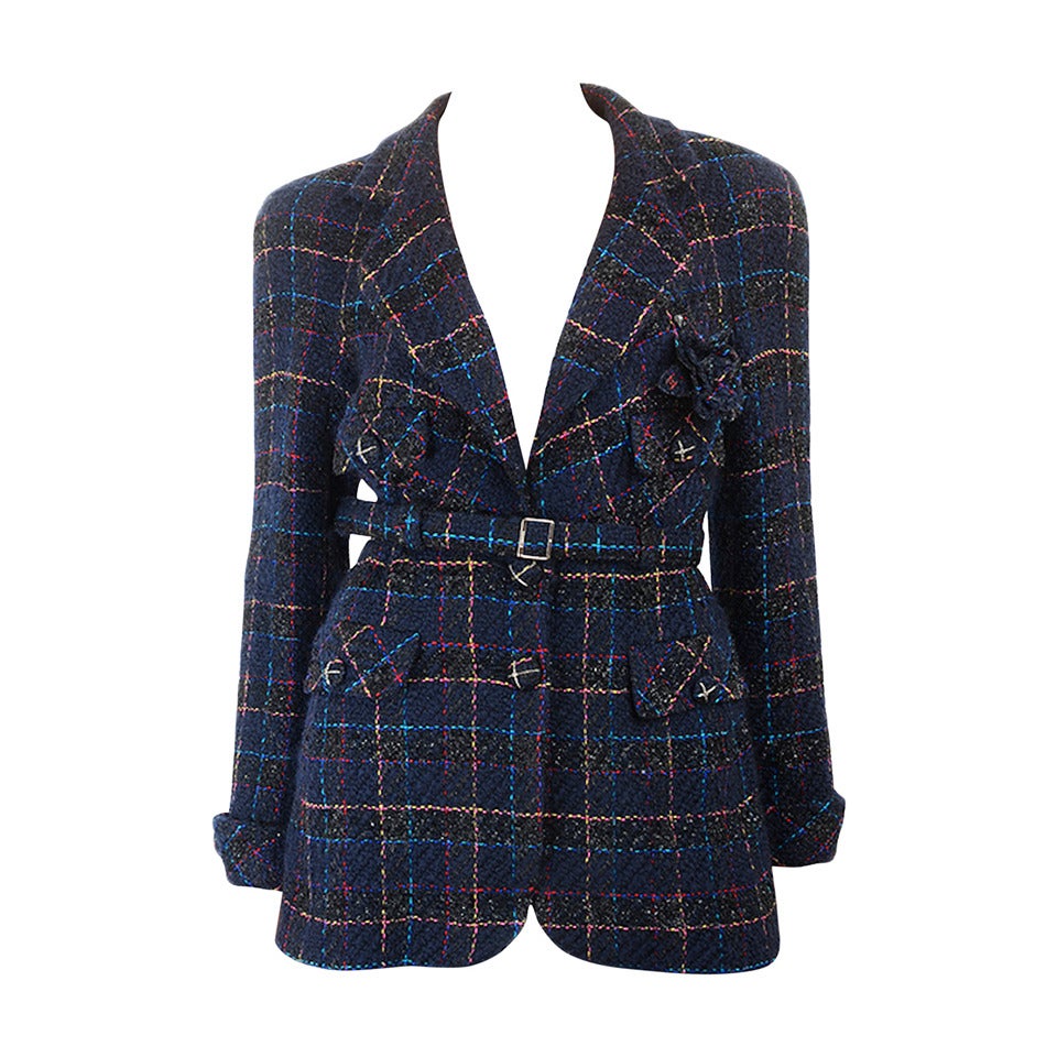 Chanel 07A Navy Black Multicolor Belted Plaid Boucle Jacket 42 10 For Sale