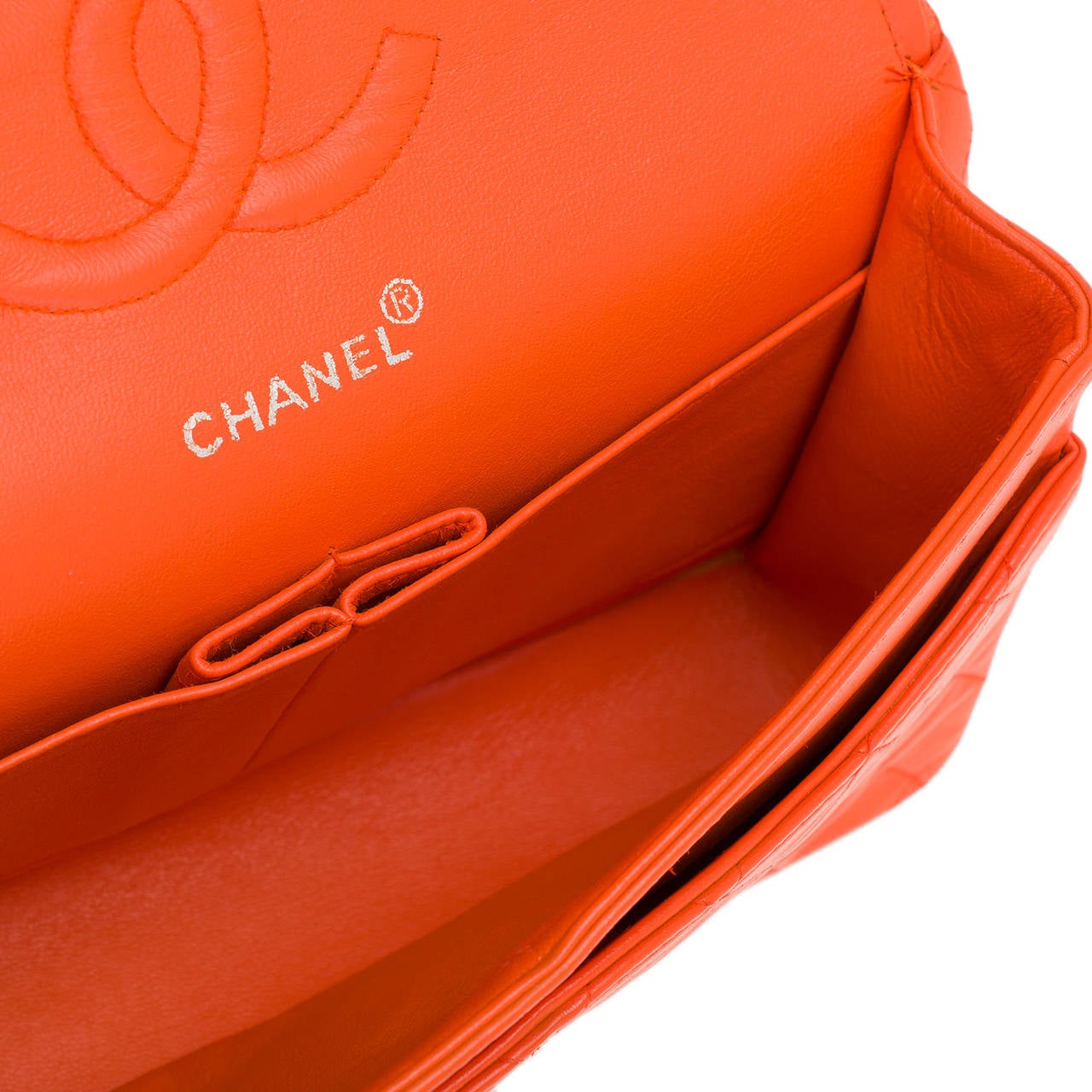 Chanel Vintage Orange Lambskin Large Classic Double Flap Bag In Excellent Condition In New York, NY