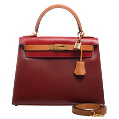 HERMES Rouge H and Vif red Marine blue Box leather KELLY 32 SELLIER Bag  Tri-Color For Sale at 1stDibs
