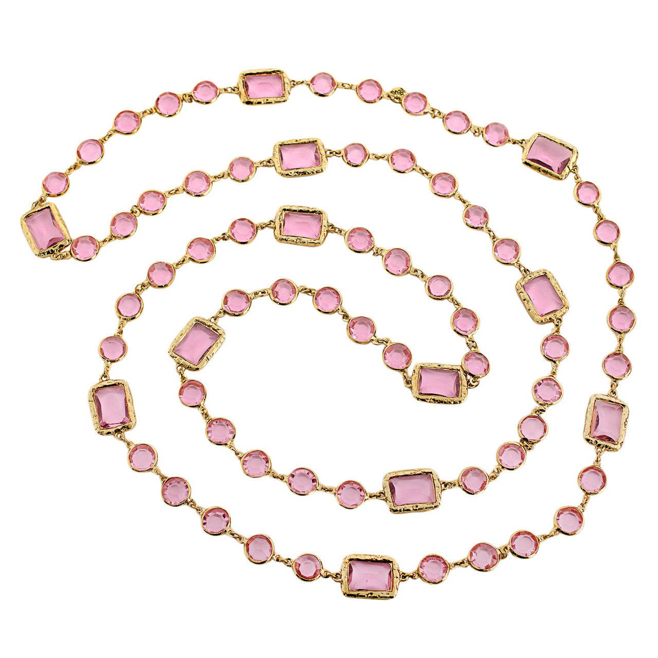Chanel Vintage Pink Crystal Chicklet Sautoir Necklace