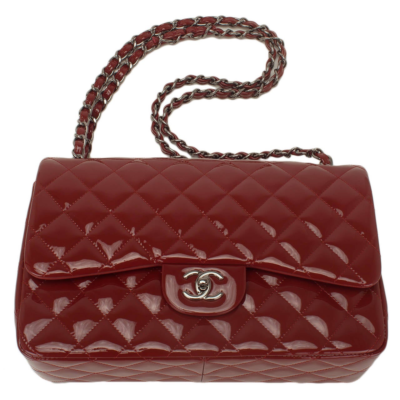 Women's Chanel Dark Red Quilted Patent Jumbo Classic Double Flap Bag For Sale