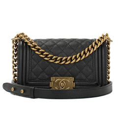 Used Chanel Black Quilted Caviar Small Boy Bag Gold Hardware