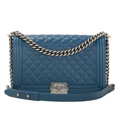 Used Chanel Blue Lambskin New Medium Boy Bag