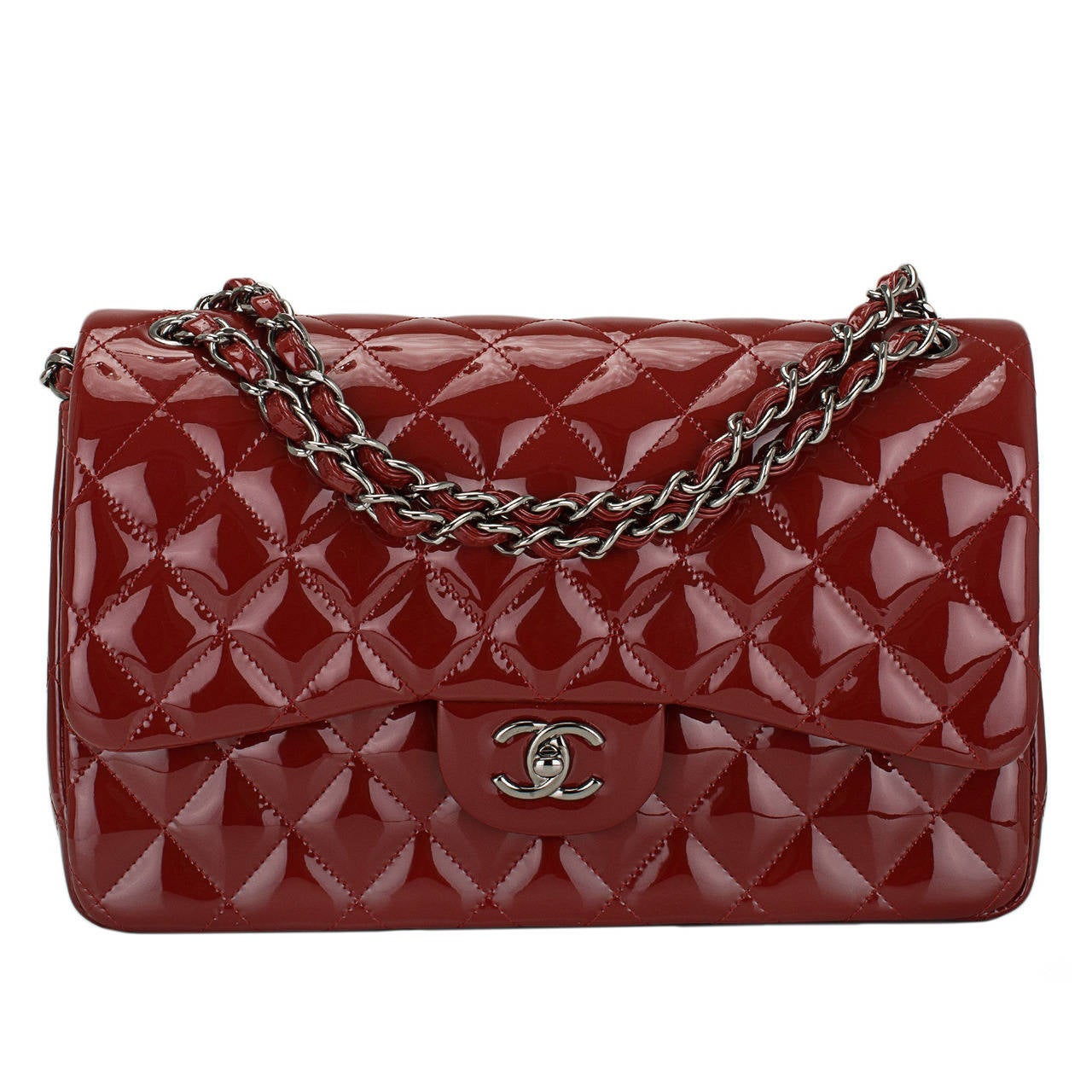 Chanel Dark Red Quilted Patent Jumbo Classic Double Flap Bag For Sale