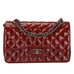 Chanel Dark Red Quilted Patent Jumbo Classic Double Flap Bag