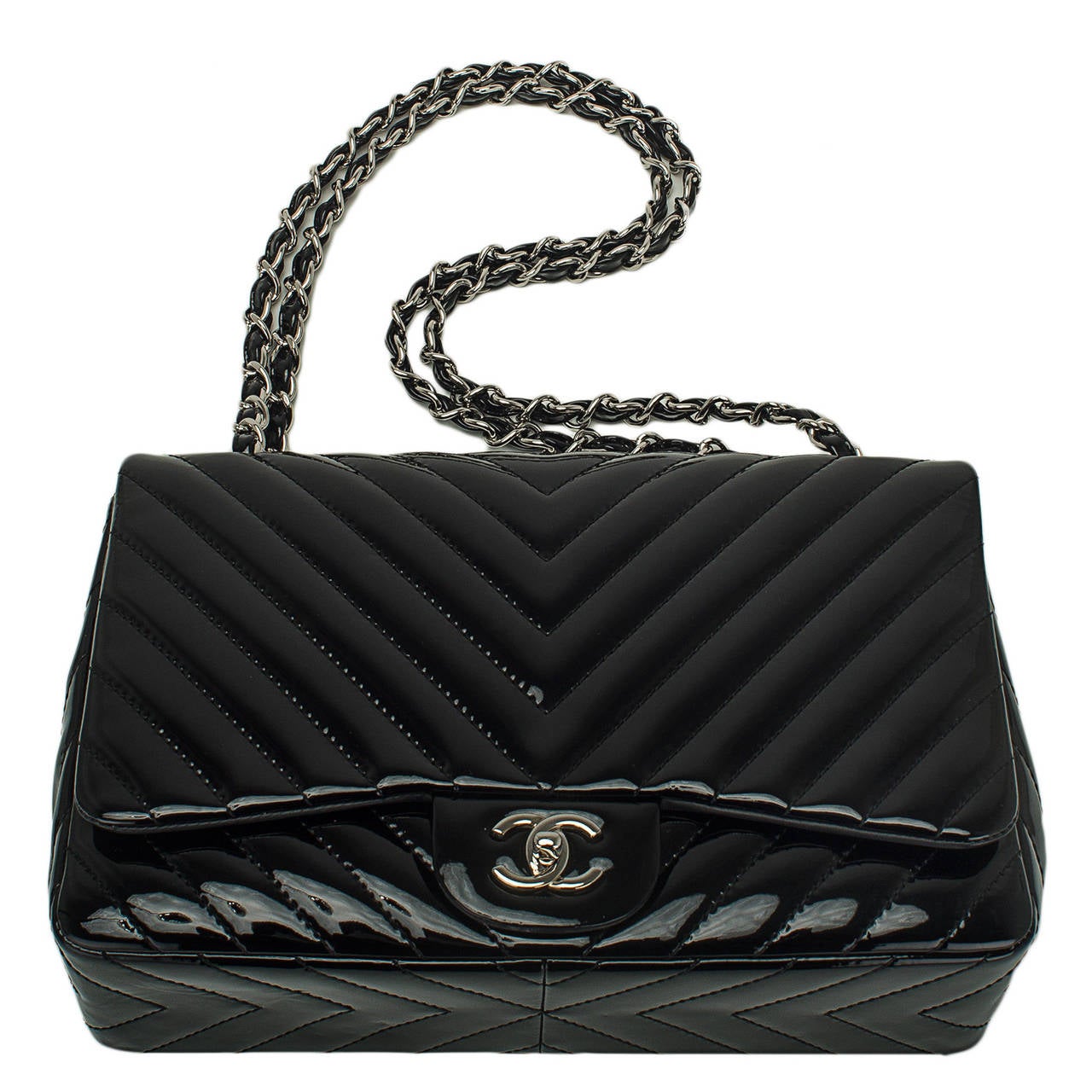 Chanel Black Quilted Chevron Patent Jumbo Classic Flap Bag 1
