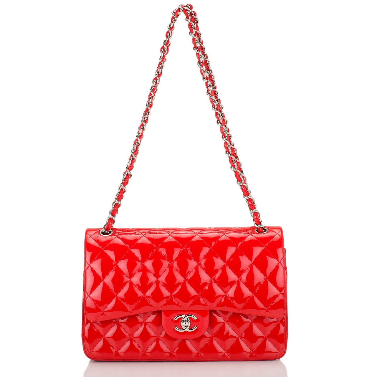 Chanel Bright Red Quilted Patent Jumbo Classic Double Flap Bag 1