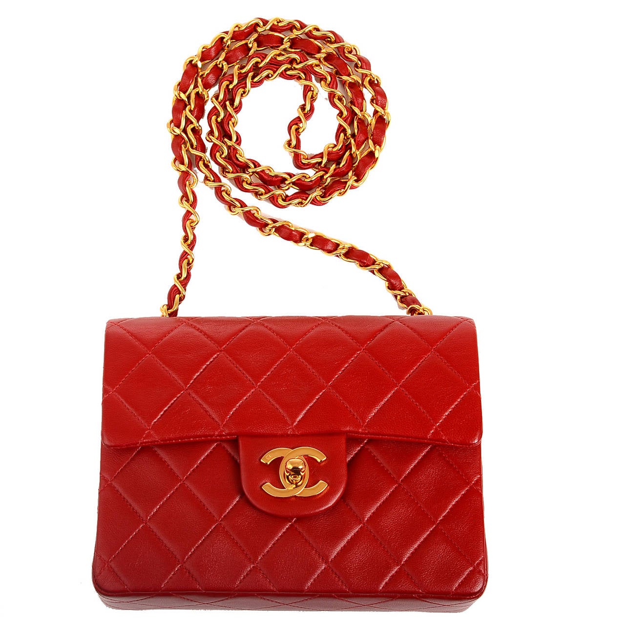 Chanel Vintage Red Quilted Lambskin Mini Classic Flap Bag For Sale 1
