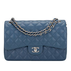 Chanel Blue Quilted Caviar Jumbo Classic Double Flap Bag