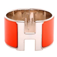 Hermes Capucine/White Enamel H Clic Clac H Extra Wide Enamel Bracelet PM