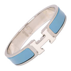 Hermes Blue Indien/ White Enamel H Clic Clac H Narrow Enamel Bracelet PM