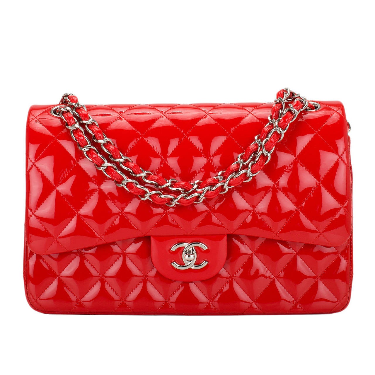 Chanel Bright Red Quilted Patent Jumbo Classic Double Flap Bag at 1stDibs