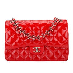 Chanel Bright Red Quilted Patent Jumbo Classic Double Flap Bag