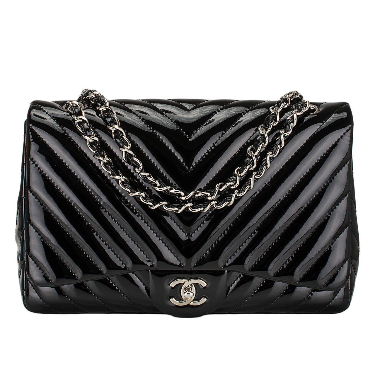 Chanel Black Quilted Chevron Patent Jumbo Classic Flap Bag