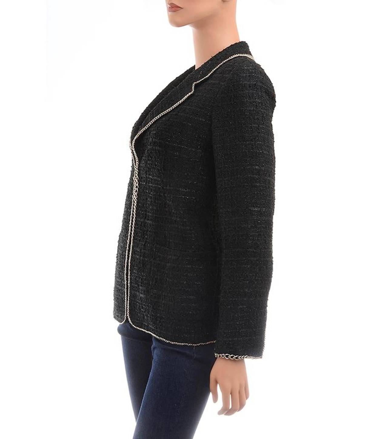 Chanel 06A Black Fantasy Tweed Silver Chain Trimmed Jacket Fr 42 US 10 In Excellent Condition In New York, NY