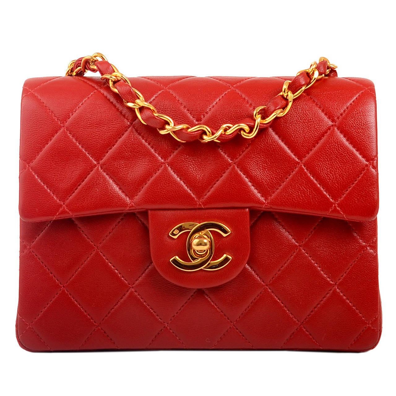 Chanel Vintage Red Quilted Lambskin Mini Classic Flap Bag For Sale
