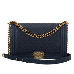 Chanel Navy Blue Quilted Caviar New Medium Boy Bag Gold Hardware