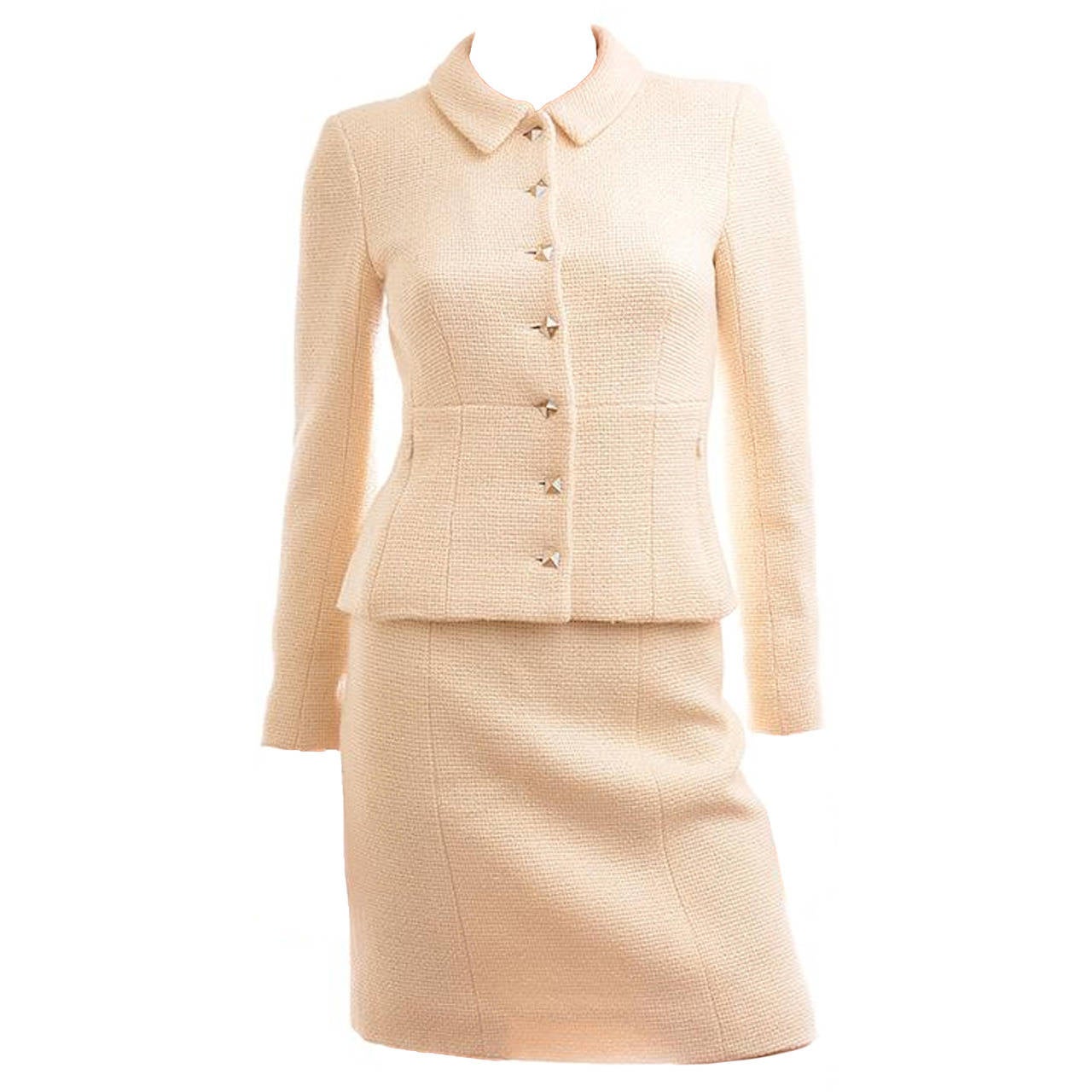 Chanel 03A Pyramid Button Cream Boucle Skirt Suit Fr 34 US 2 For Sale