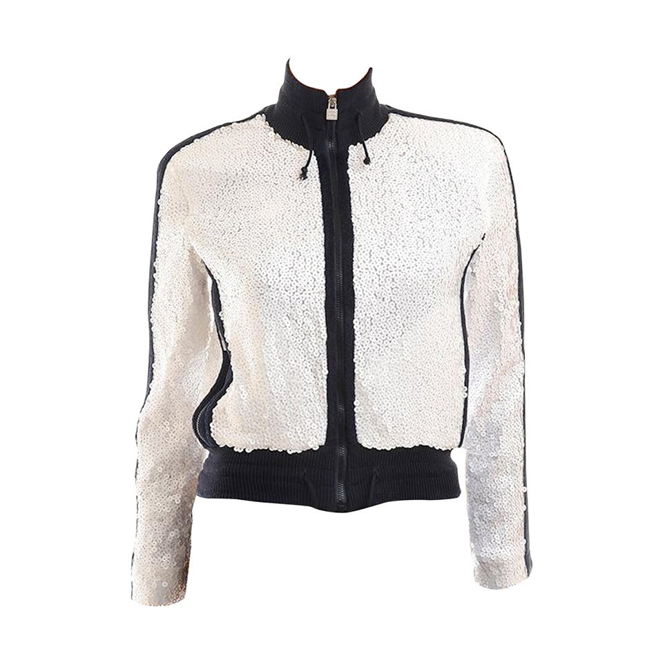 Chanel 08C White Navy Sequin Baseball Sweater Jacket Fr 34 US 2 For Sale