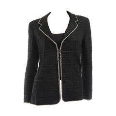 Chanel 06A Black Fantasy Tweed Silver Chain Trimmed Jacket Fr 42 US 10