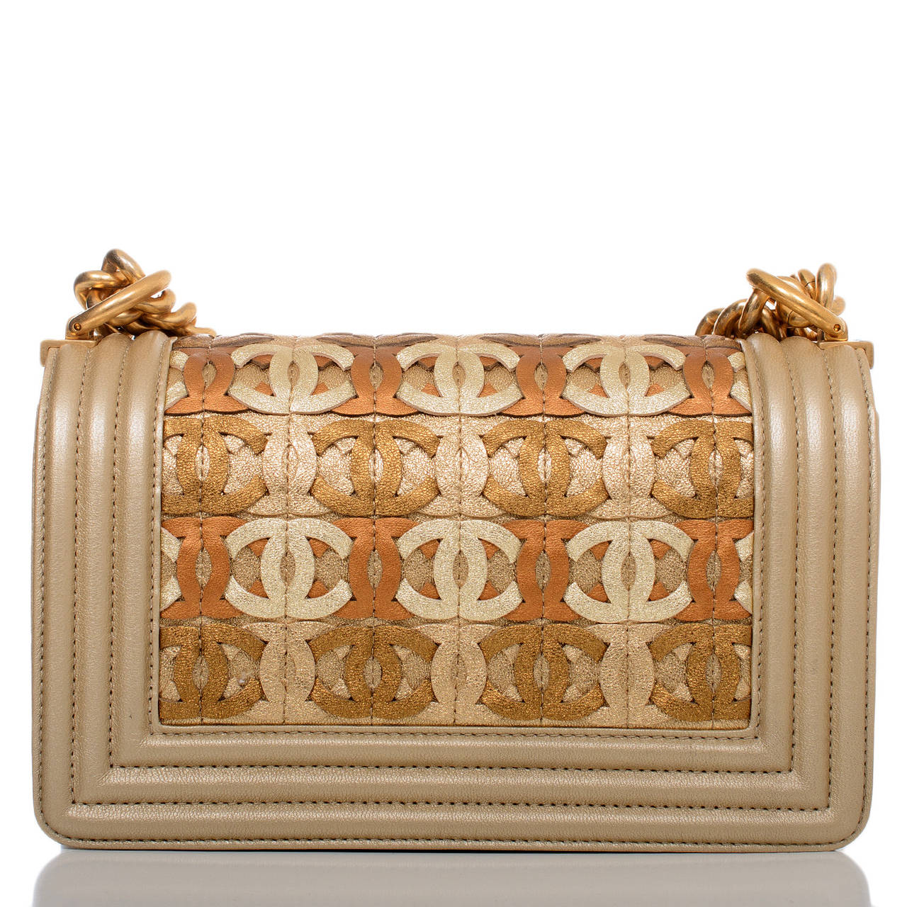 Chanel Runway Gold Metallic CC Embellished Lambskin Small Boy Bag In New Condition In New York, NY