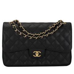 Chanel Black Quilted Caviar Jumbo Classic Double Flap Bag Gold Hardware