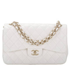 Chanel White Quilted Lambskin Jumbo Classic Double Flap Bag Gold Hardware