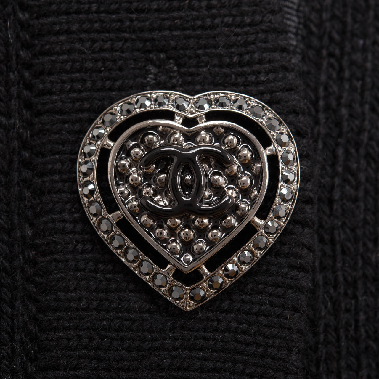 Chanel Black Cashmere Jewelled Heart Button Sweater Coat 36 4
