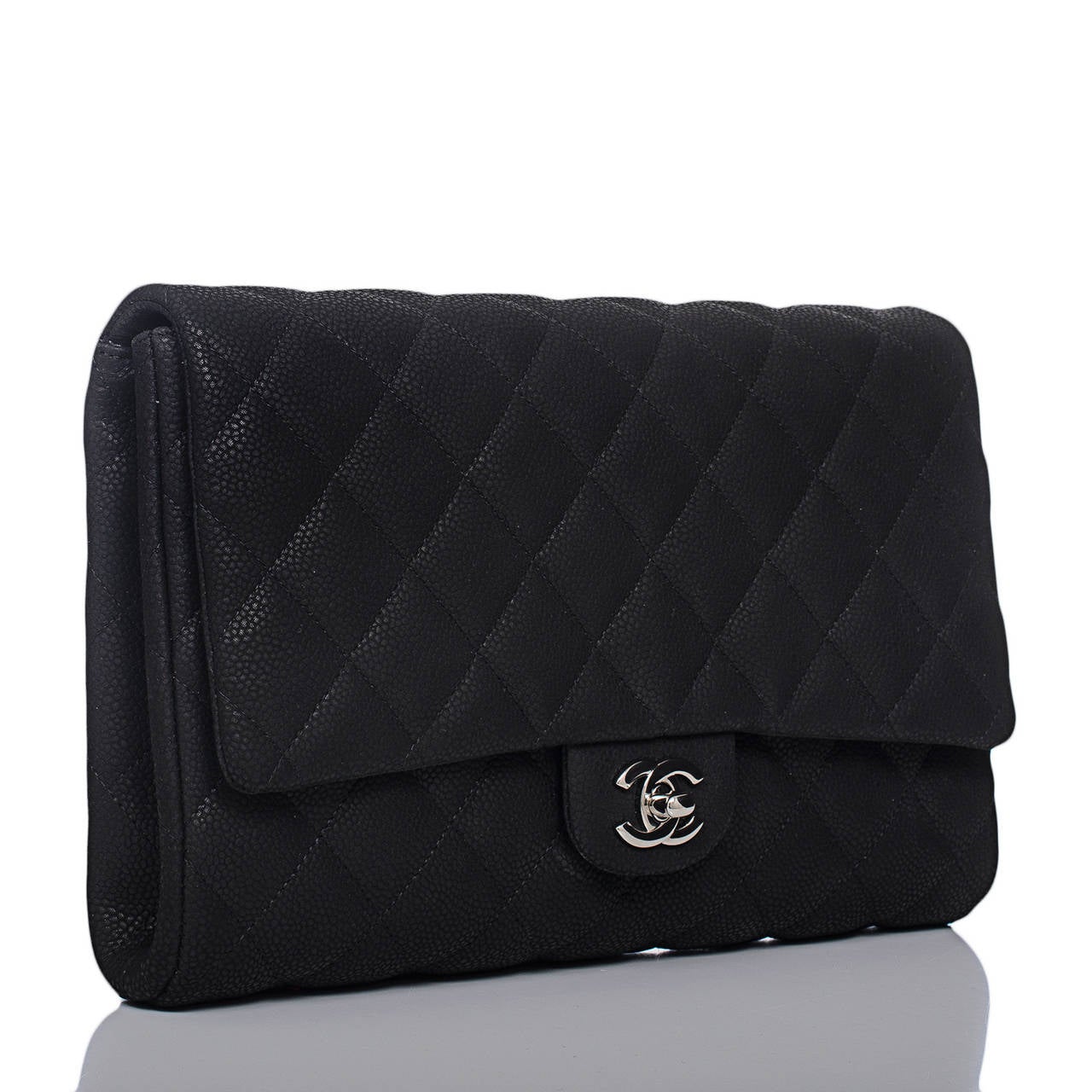 Chanel New Clutch With Chain of quilted black matte caviar leather with silver  tone hardware.   

This bag features CC turnlock closure, a rear envelope pocket, and interwoven silver tone chain link with black leather shoulder strap which can be