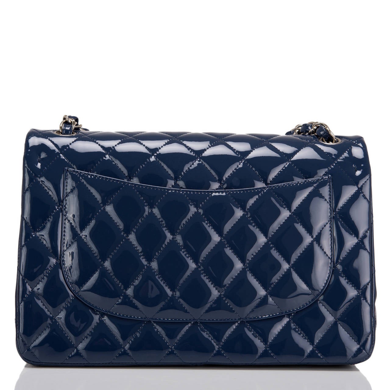 Chanel Navy Quilted Patent Jumbo Classic Double Flap Bag In New Condition In New York, NY