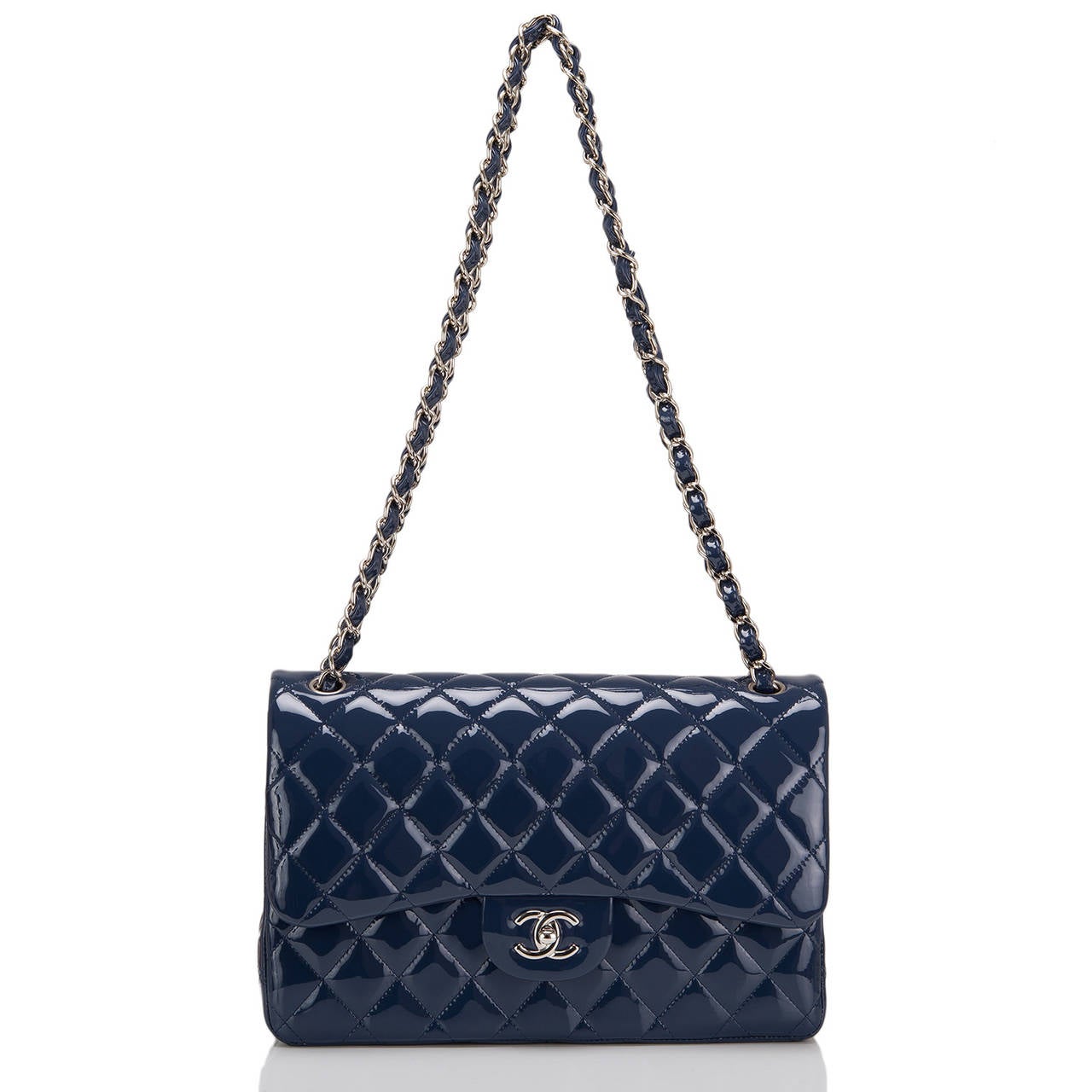 Chanel Navy Quilted Patent Jumbo Classic Double Flap Bag at 1stDibs