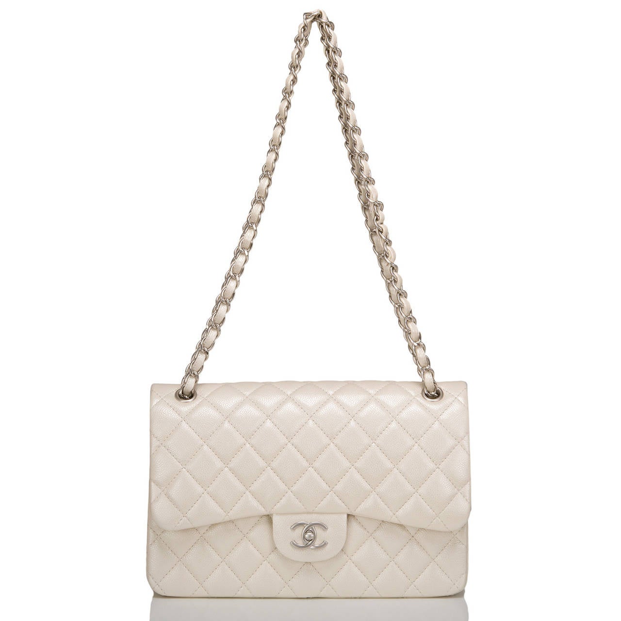 Women's Chanel Pearlescent Ivory Quilted Caviar Jumbo Classic Double Flap Bag