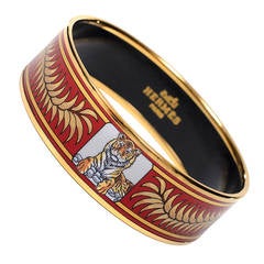 Hermes "Tigre Royal" Wide Printed Enamel Bracelet GM (70) Gold Hardware