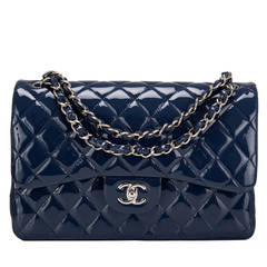 Chanel Navy Quilted Patent Jumbo Classic Double Flap Bag