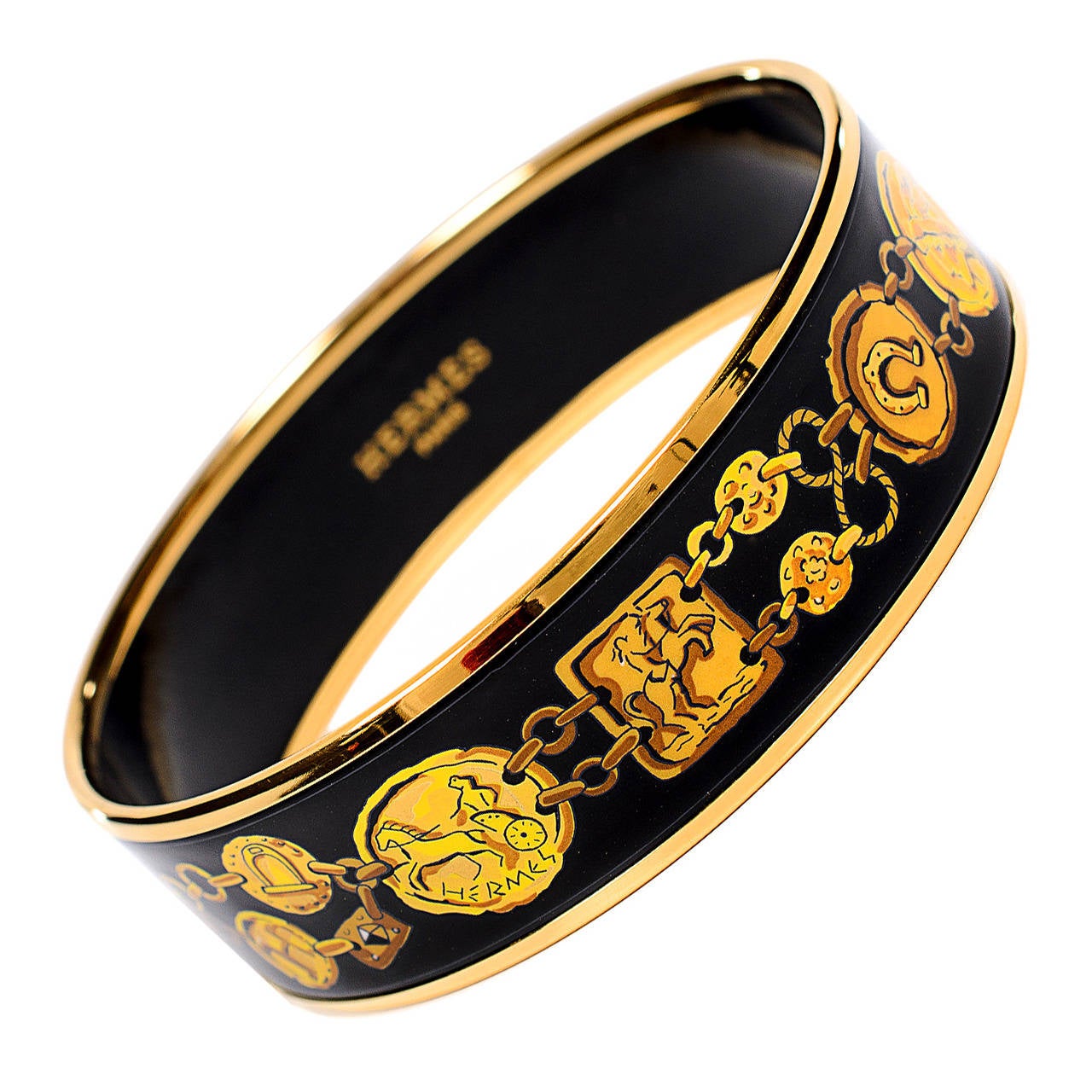 Hermes "H Chaine Kavalla" Wide Printed Enamel Bracelet PM (65) Gold