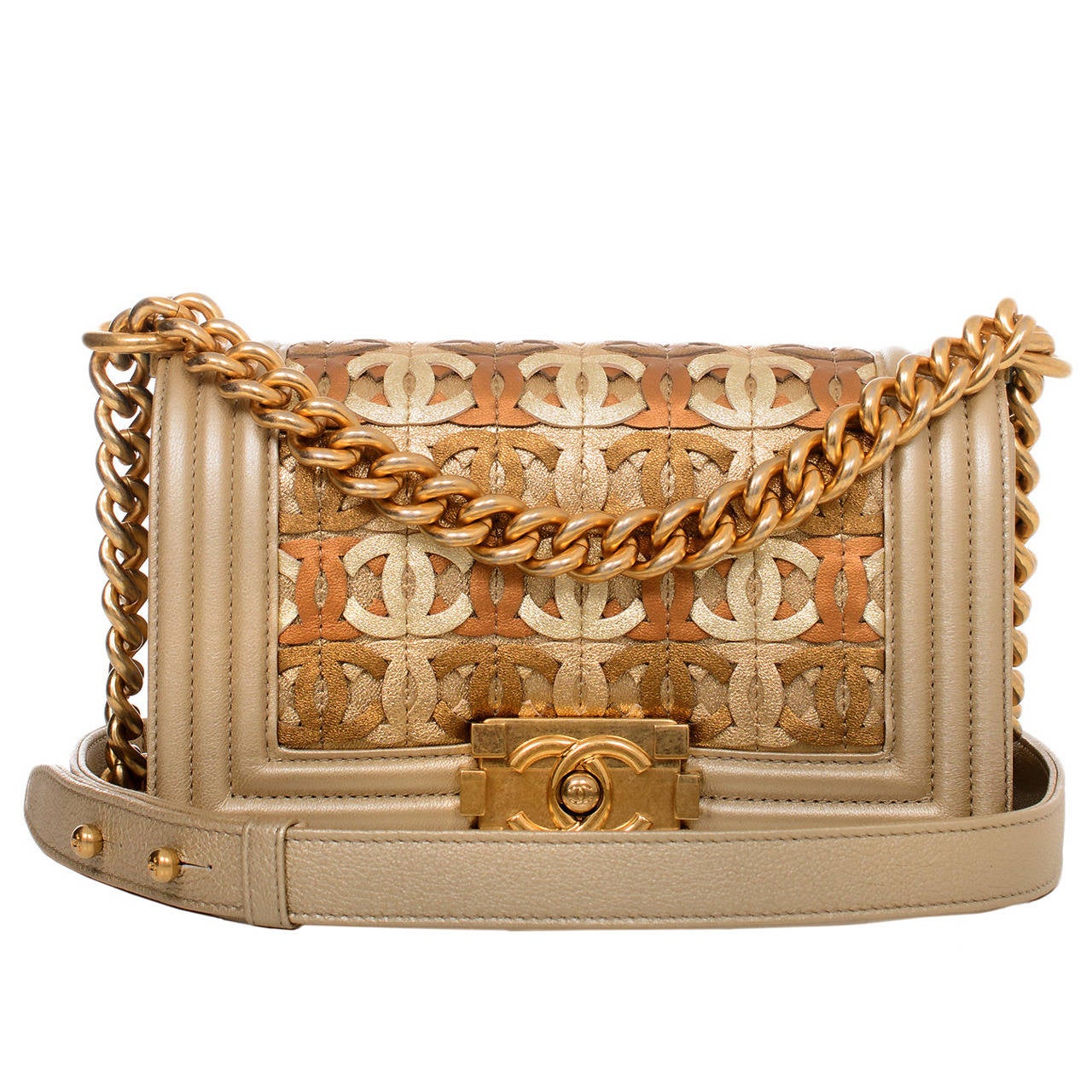 Chanel Runway Gold Metallic CC Embellished Lambskin Small Boy Bag