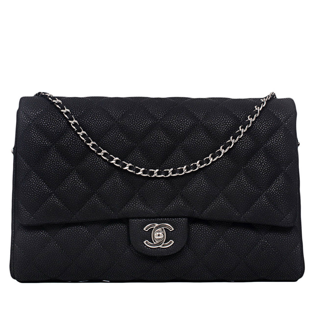Chanel Black Quilted Matte Caviar New Clutch With Chain