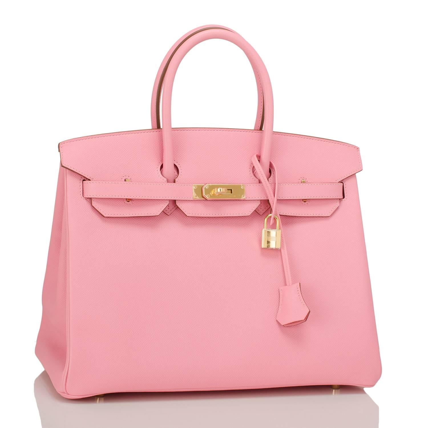 Hermes Rose Confetti Birkin 35cm in epsom leather with gold hardware.

This Birkin features tonal stitching, front toggle closure, clochette with lock and two keys, and double rolled handles. Interior is lined in Rose Confetti chevre with one zip