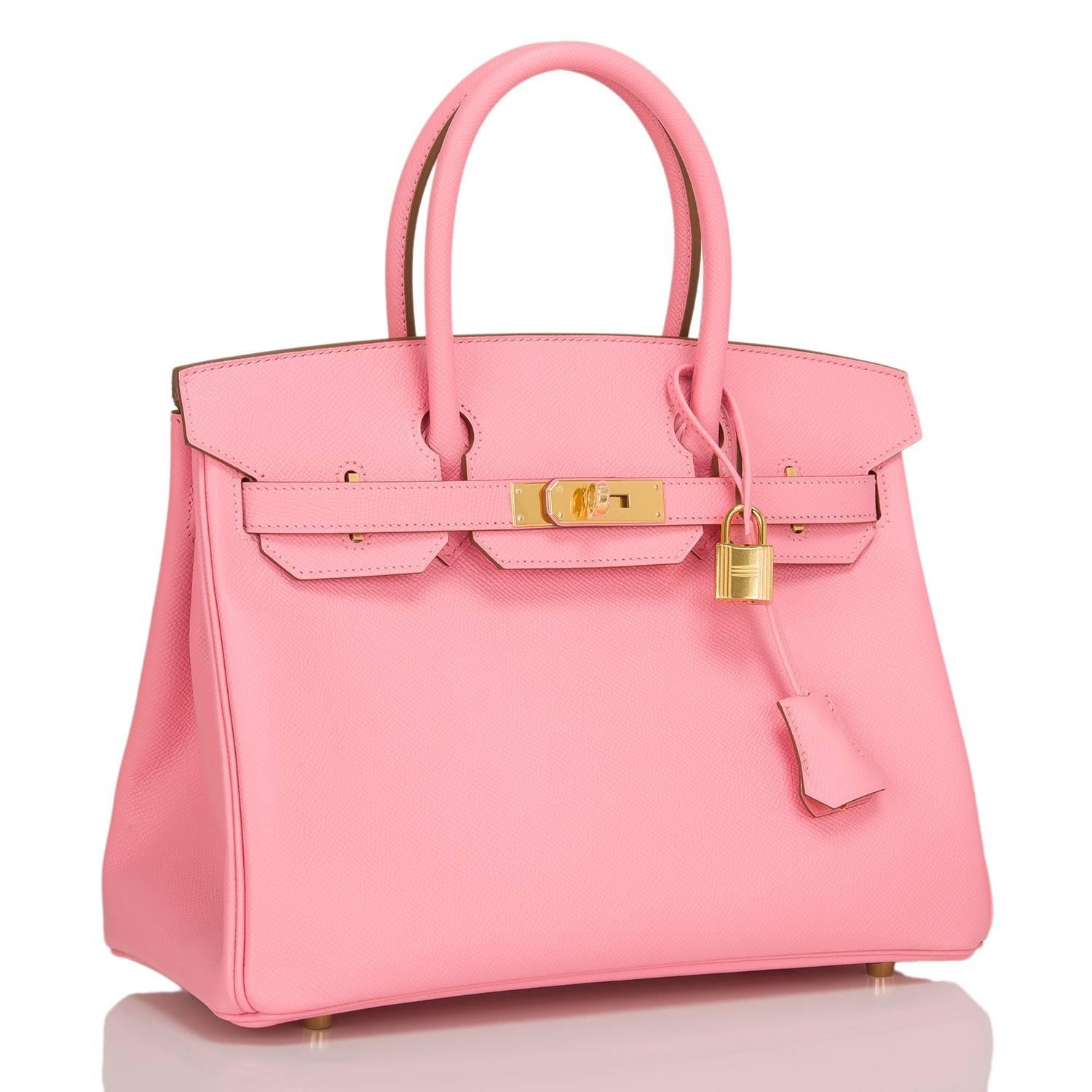 Hermes Rose Confetti 30cm in epsom leather with gold hardware.

This Birkin features tonal stitching, front toggle closure, clochette with lock and two keys, and double rolled handles.

The interior is lined in Rose Confetti chevre with one zip