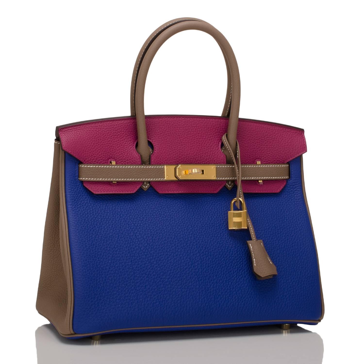 Hermes Horseshoe Stamped Birkin 30cm of Blue Electric, Anenome, and Etoupe in togo leather with gold hardware.

This Special Order Birkin with Blue Electric front and bottom, Anenome back and front flap and Etoupe sides, handles, straps has gold
